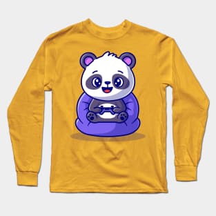 Cute Panda On Playing Game Cartoon Long Sleeve T-Shirt